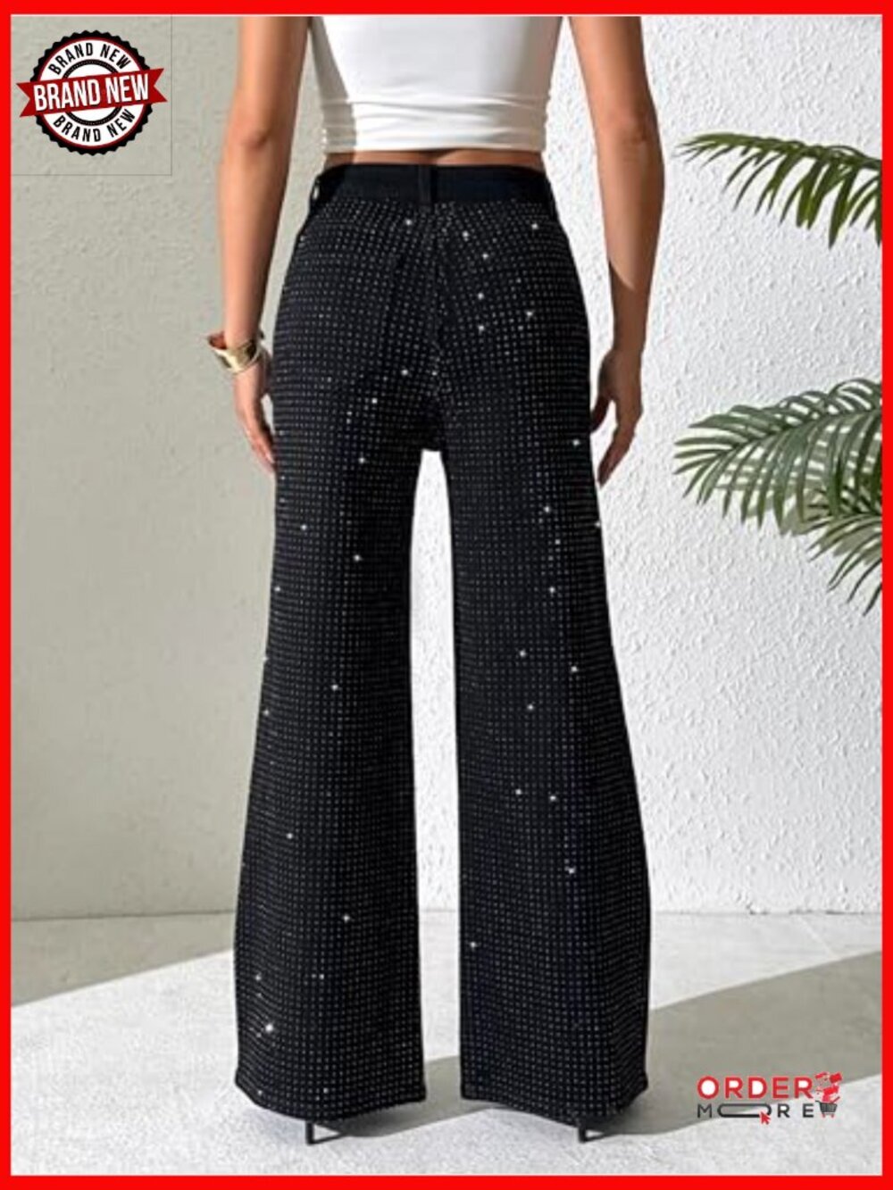 High Waist Wide Leg Rhinestone Jeans Stretch Denim Pants Sparkle Sequin - Picture 3 of 7